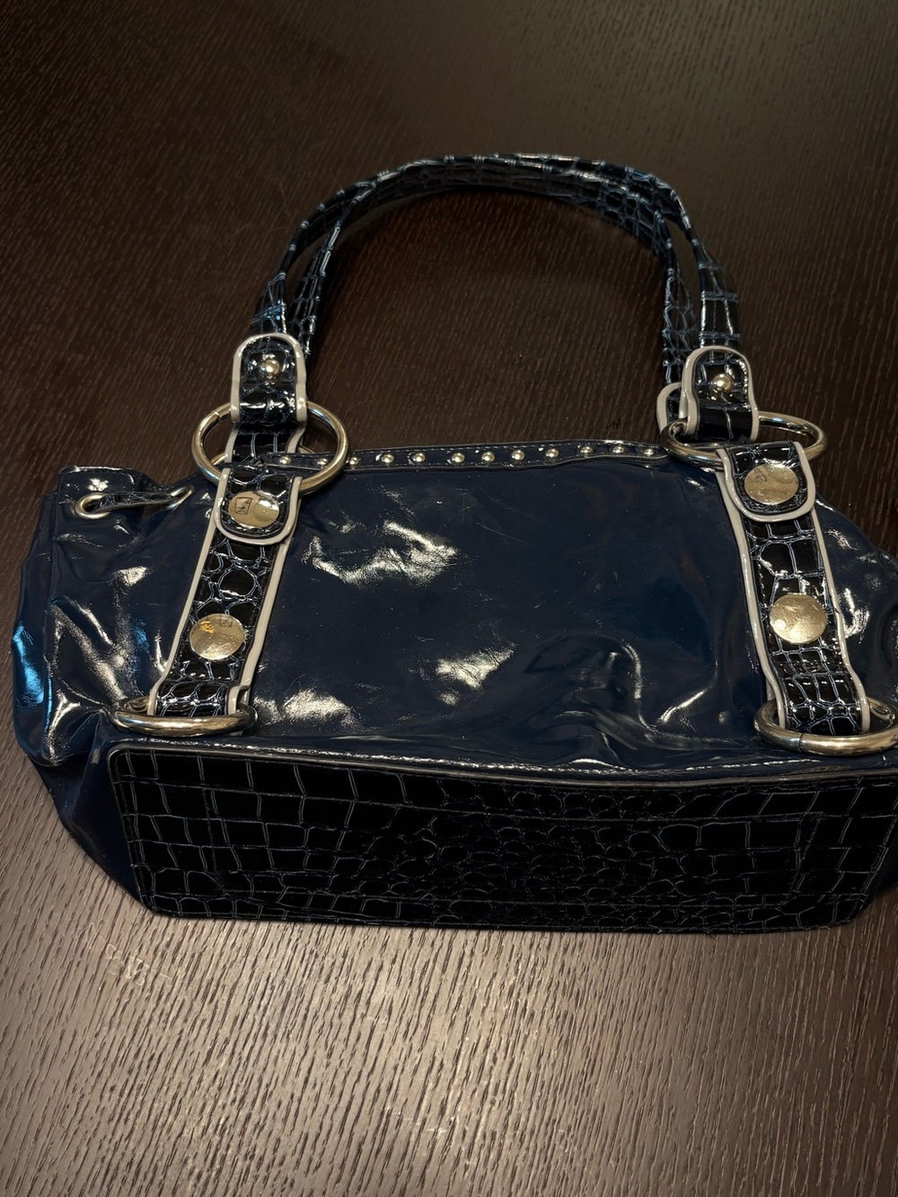 Glossy Navy Croc-Trim Shoulder Bag